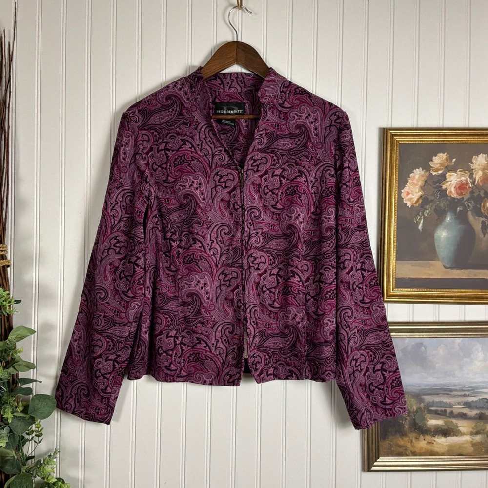 Requirements Paisley Zip Up Jacket L Purple Excellent Stretch Mock Neck